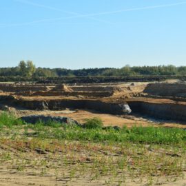 Das Bild zeigt eine große offene Sand- und Erdfläche, die wie eine Abbau- oder Verfüllungsstelle wirkt. Mehrere terrassenförmige Ebenen sind erkennbar, die durch unterschiedliche Höhen und Schichten aus hellem Erdmaterial gebildet werden. Im Vordergrund wachsen vereinzelte Gräser und kleine Pflanzen, während im Hintergrund eine Baumreihe unter einem klaren blauen Himmel mit dünnen Wolkenstreifen zu sehen ist.