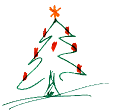 Das Bild zeigt eine einfache, handgezeichnete Darstellung eines Weihnachtsbaums. Der Baum ist grün und mit roten Ornamenten geschmückt, an der Spitze befindet sich ein orangefarbener Stern. Die Zeichnung ist minimalistisch und wirkt wie eine Skizze auf weißem Hintergrund.